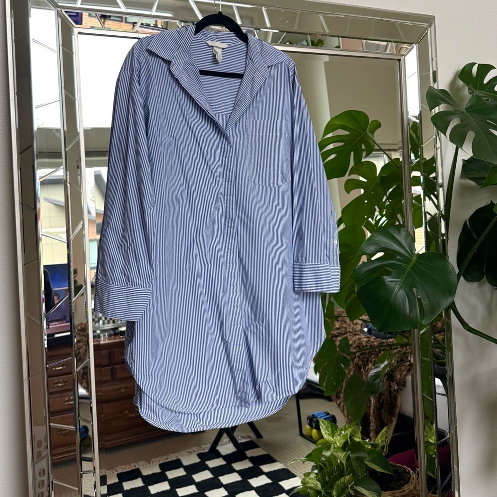 H&M Blue/White Striped Oversized Poplin Button Down Shirt Dress